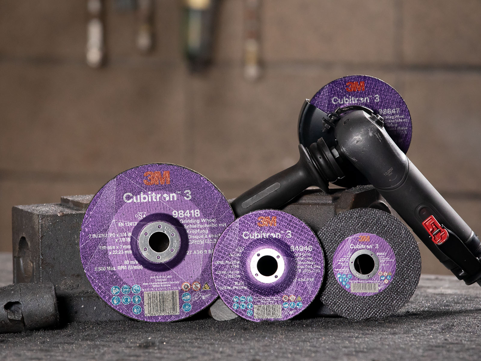 3M™ Cubitron™ 3 Performance Abrasives—including Depressed Center Grinding Wheels, Cut and Grind Wheels and Cut-Off Wheels—feature a reengineered precision-shaped ceramic triangular grain to improve cut rate and extend life. (Photo courtesy of 3M)